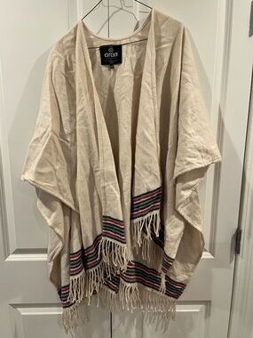 Aran Woollen Mills cream open-front poncho fringed hem multi-colored striped